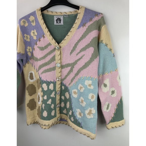 Storybook Knits Patchwork Spring Themed Cardigan Sweater Ramie Cotton Size Large - Picture 4 of 16